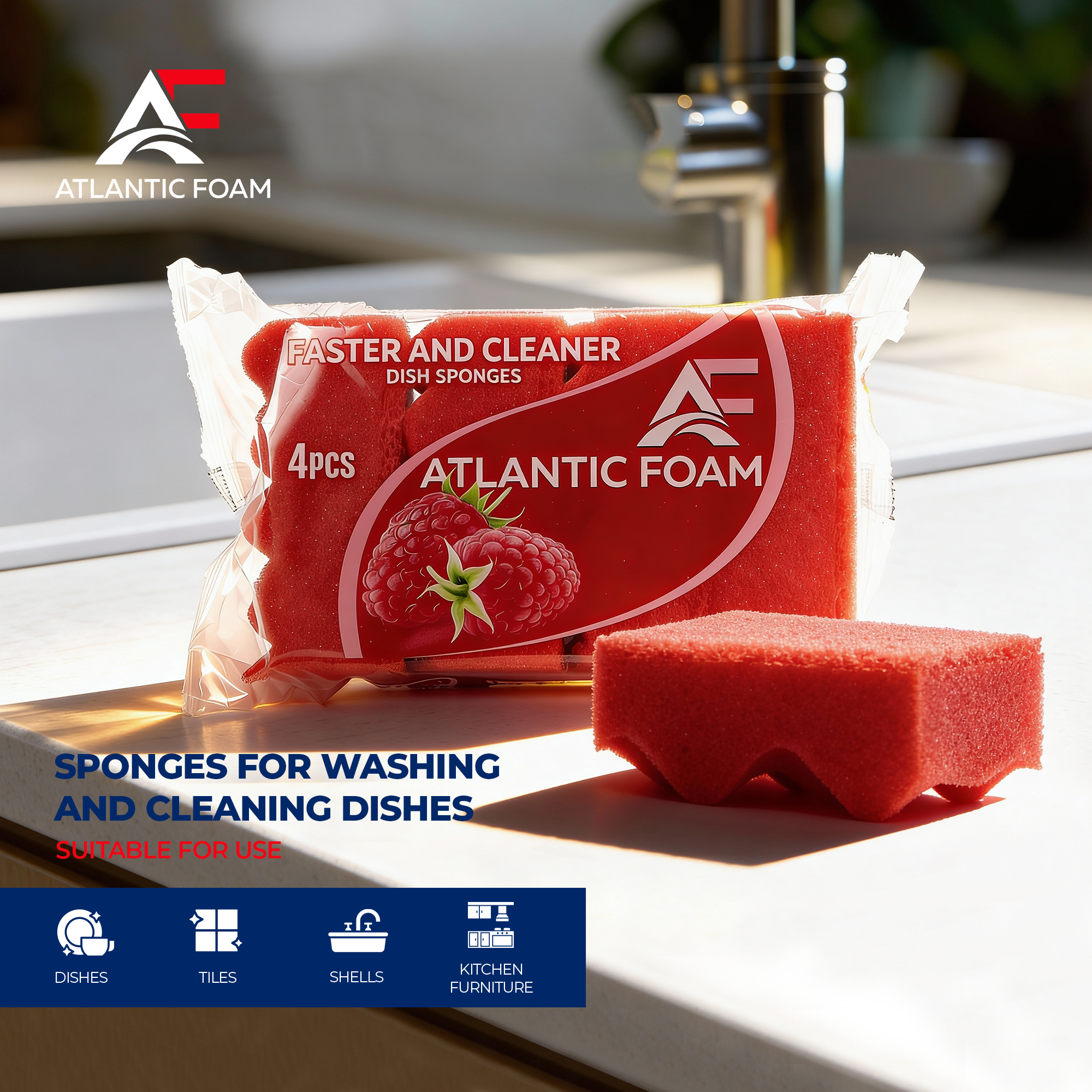 Faster and Cleaner Dish Sponges, 4 Pack, Non-Scratch Scrubbing for Dishes, Pots, Pans and Kitchen Surfaces
